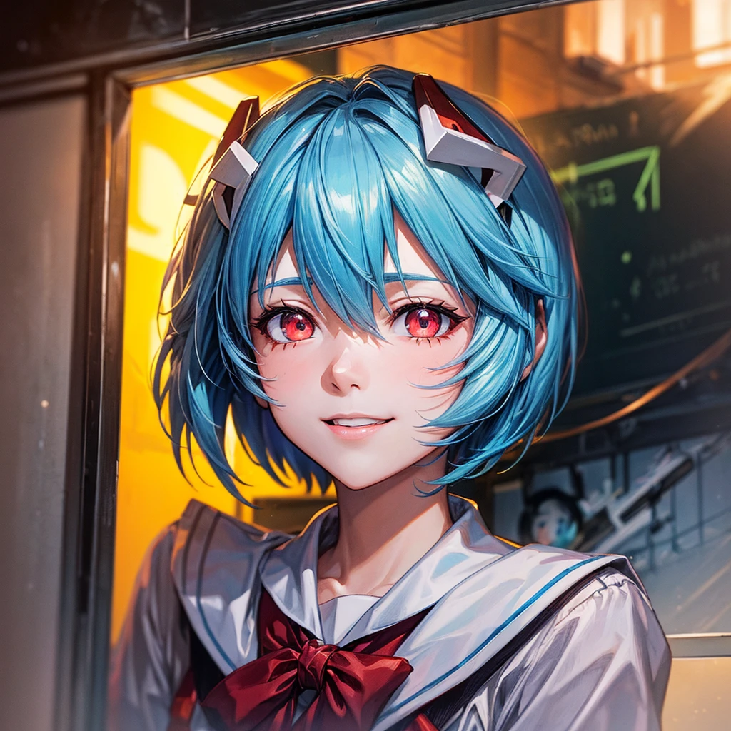 Smiling Ayanami Rei masterpiece portrait (Neon Genesis Evangelion), Neon Genesis Evangelion (Hideaki), Caustics, High resolution illustrations, Red Eyes, Feminization, No students, Blue Hair,  short hair, Japanese school uniforms, Loafers, Spunk, Synthwave, paint Splashs, Shadow flat illustration, The art of math, Popular on artstation, Very detailed, Fine details, complex, Splash, outrun, Virtual software, Neon Colors