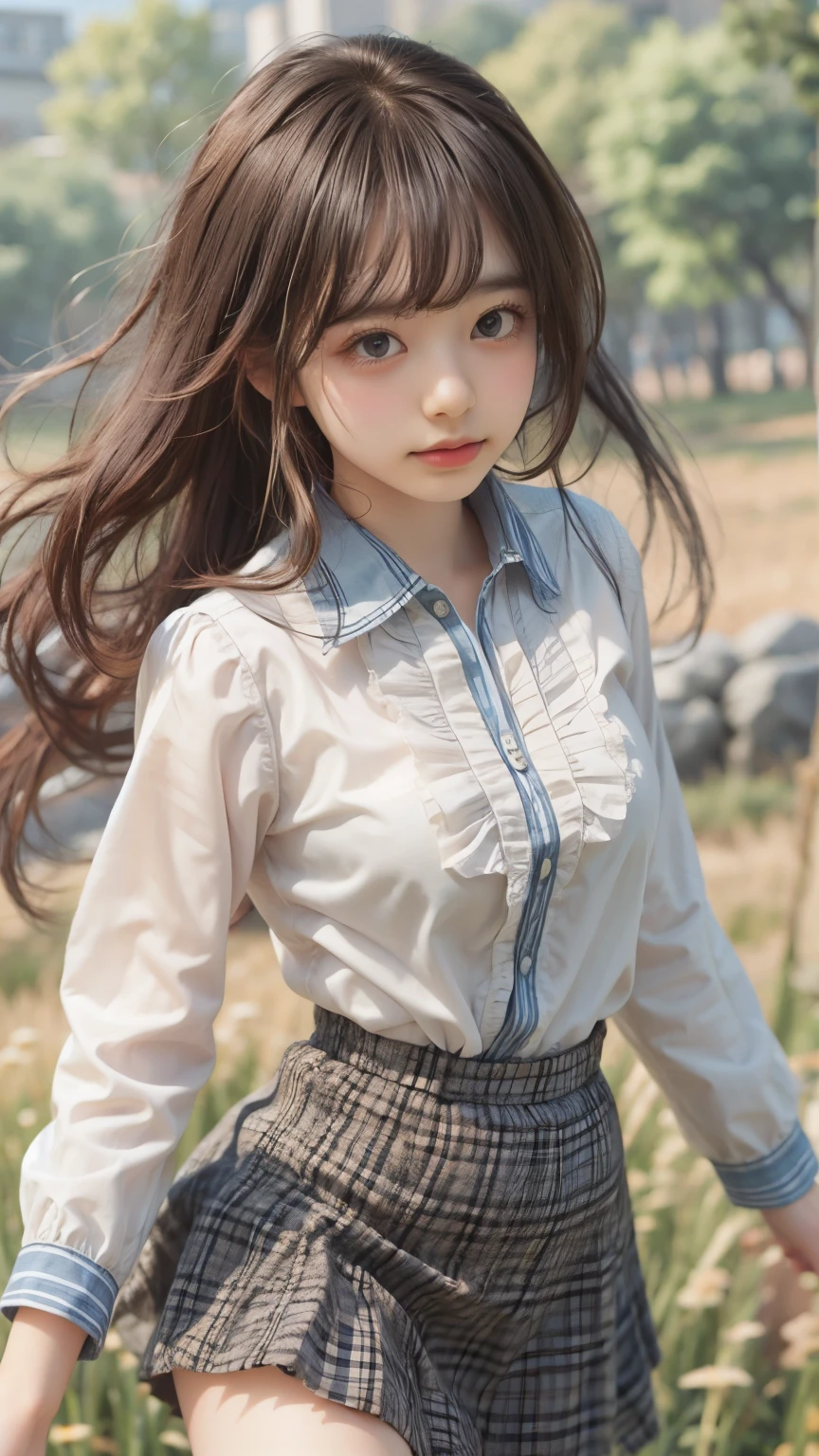 masterpiece , Highest quality , Very detailed , 1 person, ((Contrasting Eyes)) , running , blouse, skirt , bangs , field