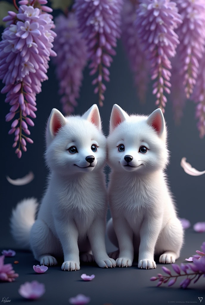 A captivating and surreal photographgraph of a cute extra fluffy two baby 狼 rendering of 藤の花, Dark Background. feather, Bright colors,  The background provides sharp contrast、Engage your audience&#39;Note., photograph, 3D Rendering, Conceptual Art