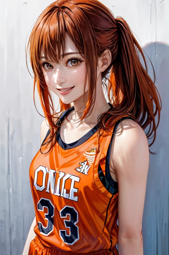 (((Pure white wall background、Highest quality、8k、32K、masterpiece)))、(Realistic)、(Realistic:1.2)、(High resolution)、Very detailed、Very beautiful face and eyes、1 person、Round and small face、Tight waist、Delicate body、(close、Highest quality、Attention to detail、Rich skin detail)、(Highest quality、8k、Oil paints:1.2)、Very detailed、(Realistic、Realistic:1.37)、Bright colors、(((Orange Hair)))、(((Vermilion hair)))、(((Cowboy Shot)))、(((Long Hair)))、(((The ends of the hair are tied)))、(((Pure white wall background)))、(((Wearing a basketball uniform)))、(((Orange and white basketball outfit)))、(((smile)))、(((1 female)))、(((Tank top style uniform)))、I'm delighted、