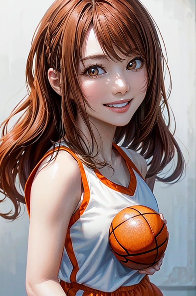(((Pure white wall background、Highest quality、8k、32K、masterpiece)))、(Realistic)、(Realistic:1.2)、(High resolution)、Very detailed、Very beautiful face and eyes、1 person、Round and small face、Tight waist、Delicate body、(close、Highest quality、Attention to detail、Rich skin detail)、(Highest quality、8k、Oil paints:1.2)、Very detailed、(Realistic、Realistic:1.37)、Bright colors、(((Orange Hair)))、(((Vermilion hair)))、(((Cowboy Shot)))、(((Long Hair)))、(((The ends of the hair are tied)))、(((Pure white wall background)))、(((Wearing a basketball uniform)))、(((Orange and white basketball outfit)))、(((smile)))、(((1 female)))、(((Tank top style uniform)))、I'm delighted、