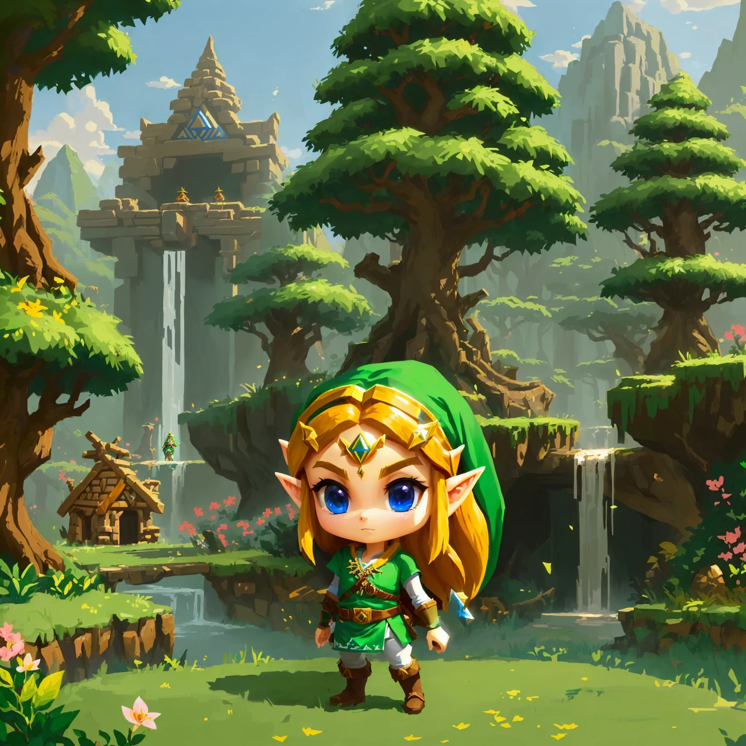 there is a cartoon image of a in a forest, Zelda style art, Zelda with triforce, from Legend of Zelda, portrait of Zelda, elf forest background, hyrule, Legend of Zelda, um retrato de link, Zelda, link from Zelda, the Legend of Zelda, link from the Legend of Zelda, mobile game art, advanced digital chibi art