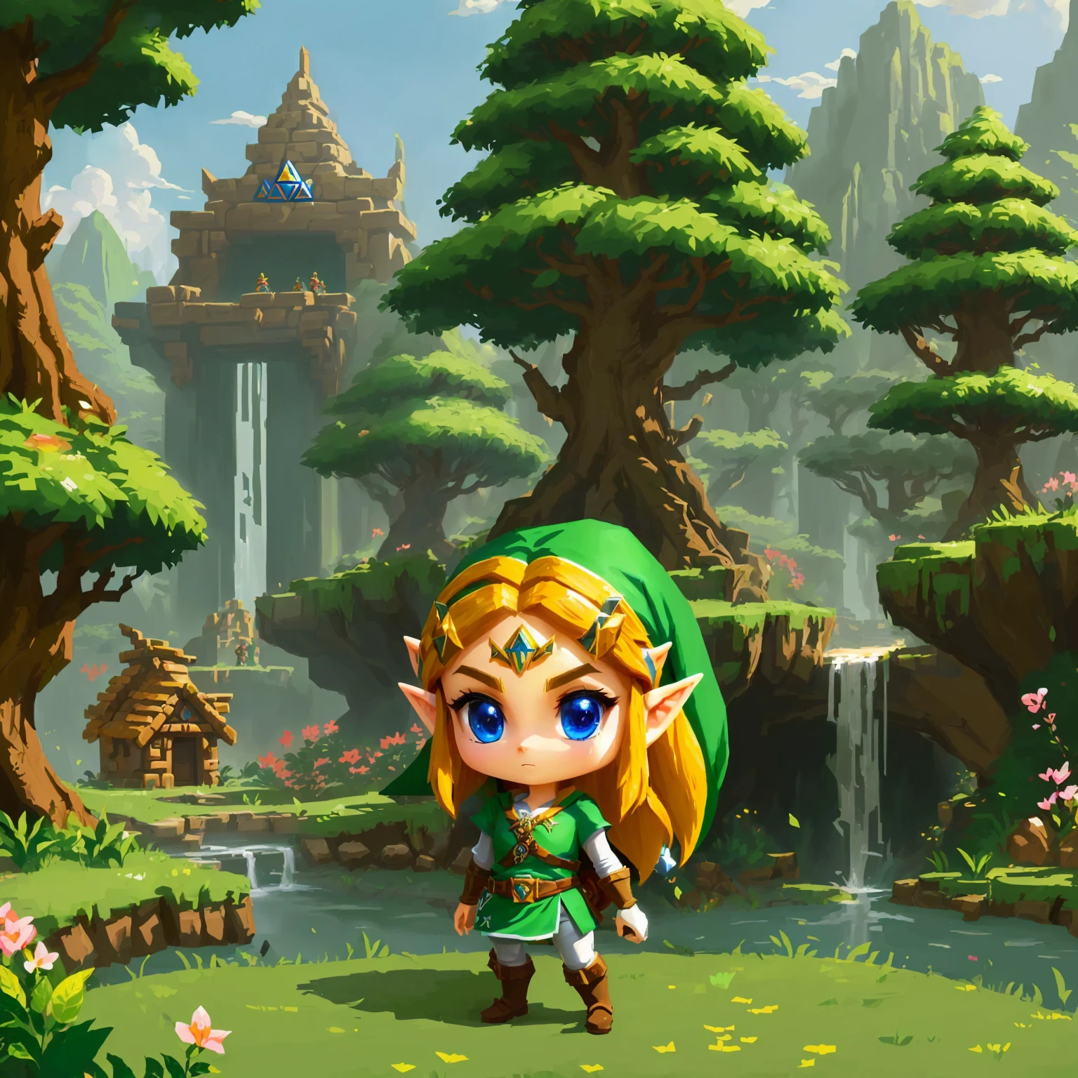 there is a cartoon image of a in a forest, Zelda style art, Zelda with triforce, from Legend of Zelda, portrait of Zelda, elf forest background, hyrule, Legend of Zelda, um retrato de link, Zelda, link from Zelda, the Legend of Zelda, link from the Legend of Zelda, mobile game art, advanced digital chibi art