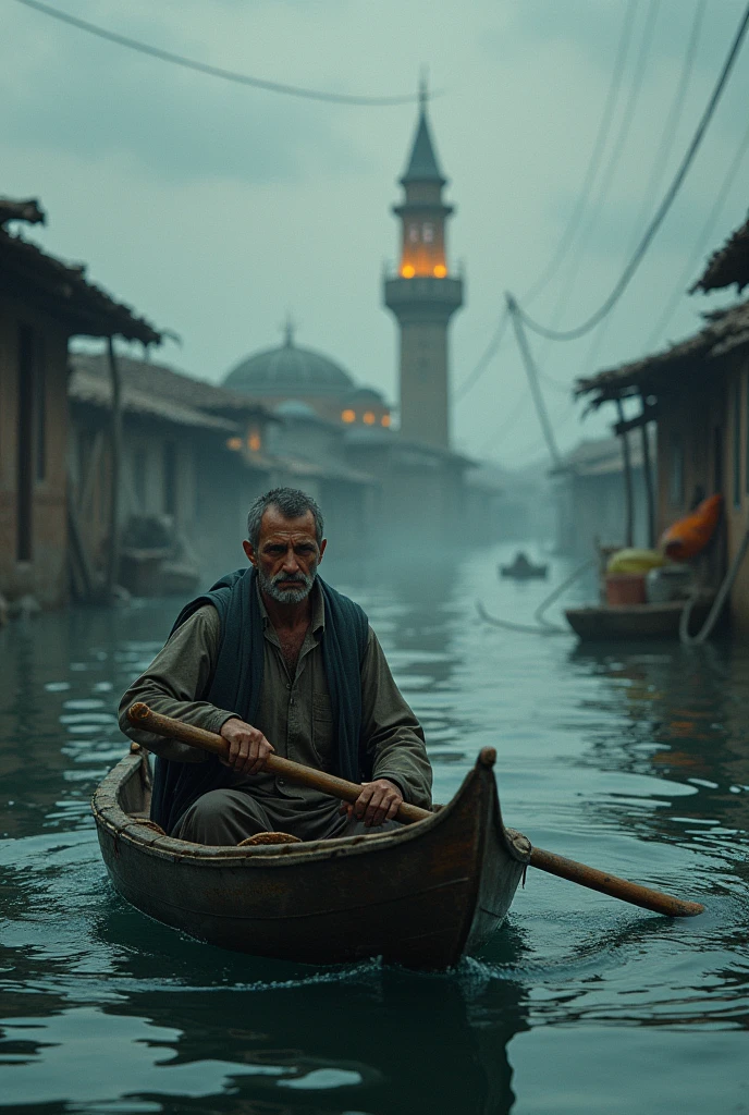 A man took a boat in the flood and went to the minaret of the village mosque