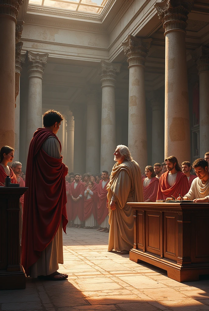 Create a horizontal image that deals with judicial procedures, establishes the basic rules for carrying out litigation, such as the summons of the defendant, the appearance before the magistrate, and the development of the trial. Related to table 1 of Roman law.