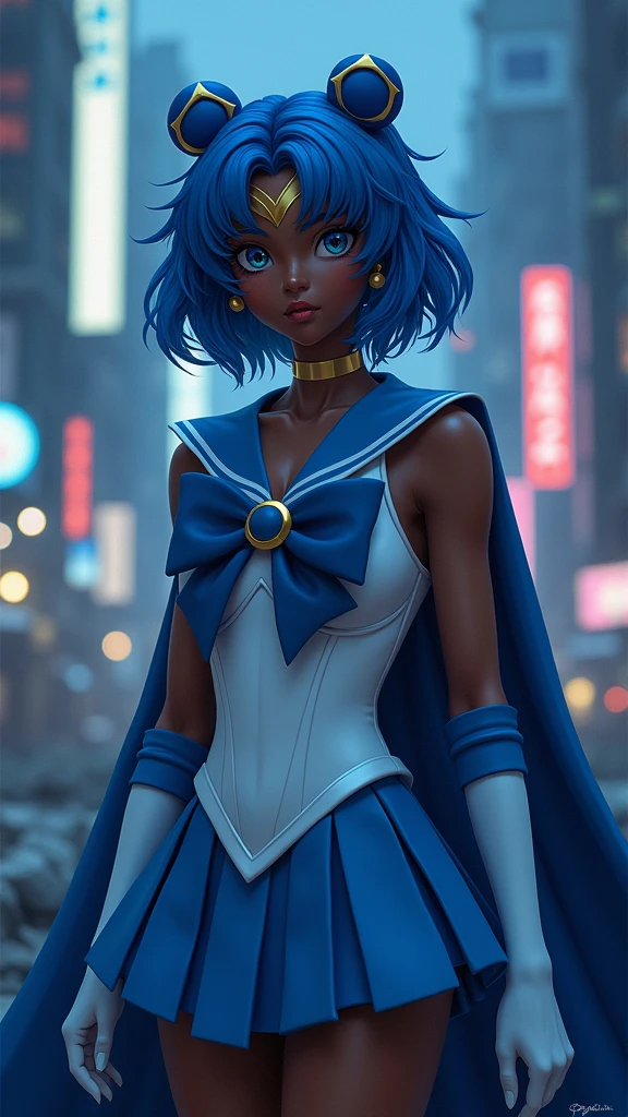 Sailor Mercury with blue hair and a blue cape on her head, (dark ebony skin:1.4),(fondo ciudad destroyed apocalypse Tokio noche :1.4), artgerm jsc, portrait knights of zodiac girl, extremely detailed artgerm, ross tran 8 k, in the style of ross tran, artgerm julie bell beeple, by Ross Tran, ross tran style, alena aenami and artgerm, inspired by Ross Tran, high quality, (RAW photo, best quality), (realistic, photorealistic: 1.4), (extremely delicate and beautiful: 1.4), amazing, fine details, masterpiece, ultra detailed, high resolution, best illustration, best shadow, intricate, ( extremely intricate: 1.2), (exquisitely detailed skin), cinematic light, perfect anatomy, (cool color: 1.4), sharp focus, 8k UHD, DSLR, (Fujifilm XT3),(dark ebony skin:1.4),( iluminación cinematográfica :1.4), ,(Fondo de ruinas de mazmorra en ruinas Tokio cyberpunk :1.4 ),( pose americano :1.4), (Sailor Mercury :1.4), (un uniforme con falda de color azul y moños celestes:1.4) .(85mm F/1.4), (distintas extensiones de rostro :1.4), (hermosa mujer belleza una diosa de la naturaleza :1.4), Epic Fantasy Art Style HD, 4K fantasy art, epic fantasy digital art style, epic fantasy art style, Fantasy Woman, epic fantasy art portrait, Epic fantasy style, hyperrealistic fantasy art, hd fantasy art, Epic fantasy character art, epic fantasy art, in style of dark fantasy art, epic fantasy digital art, (Sailor moon Mercury:1.4), (Sailor Mercury V2.1), (pose medio cuerpo:1.4 )