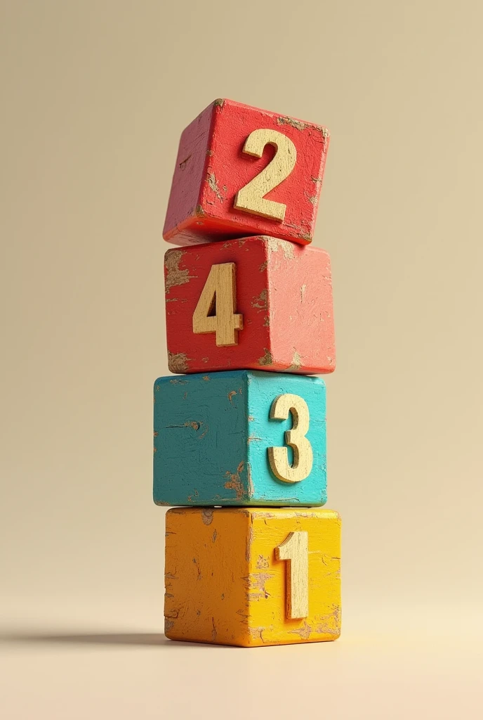 Create a messy stack of 4 colored wooden toy blocks on top of each other with each cube having the number 2, 0, 2 and 4 only once 