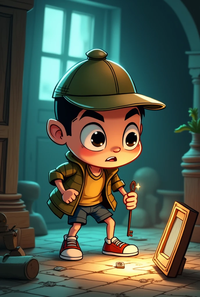 Details: Ensure Cristiano’s pose is victorious, and his catchphrase is clear."Cartoon detective named Cristiano with a big head and , resembling a young Cristiano Ronaldo, bending over to inspect a broken picture frame, footprints, and an old key. His head appears almost too big for his body."
Details: The detective should look like he’s having difficulty balancing with his large head.