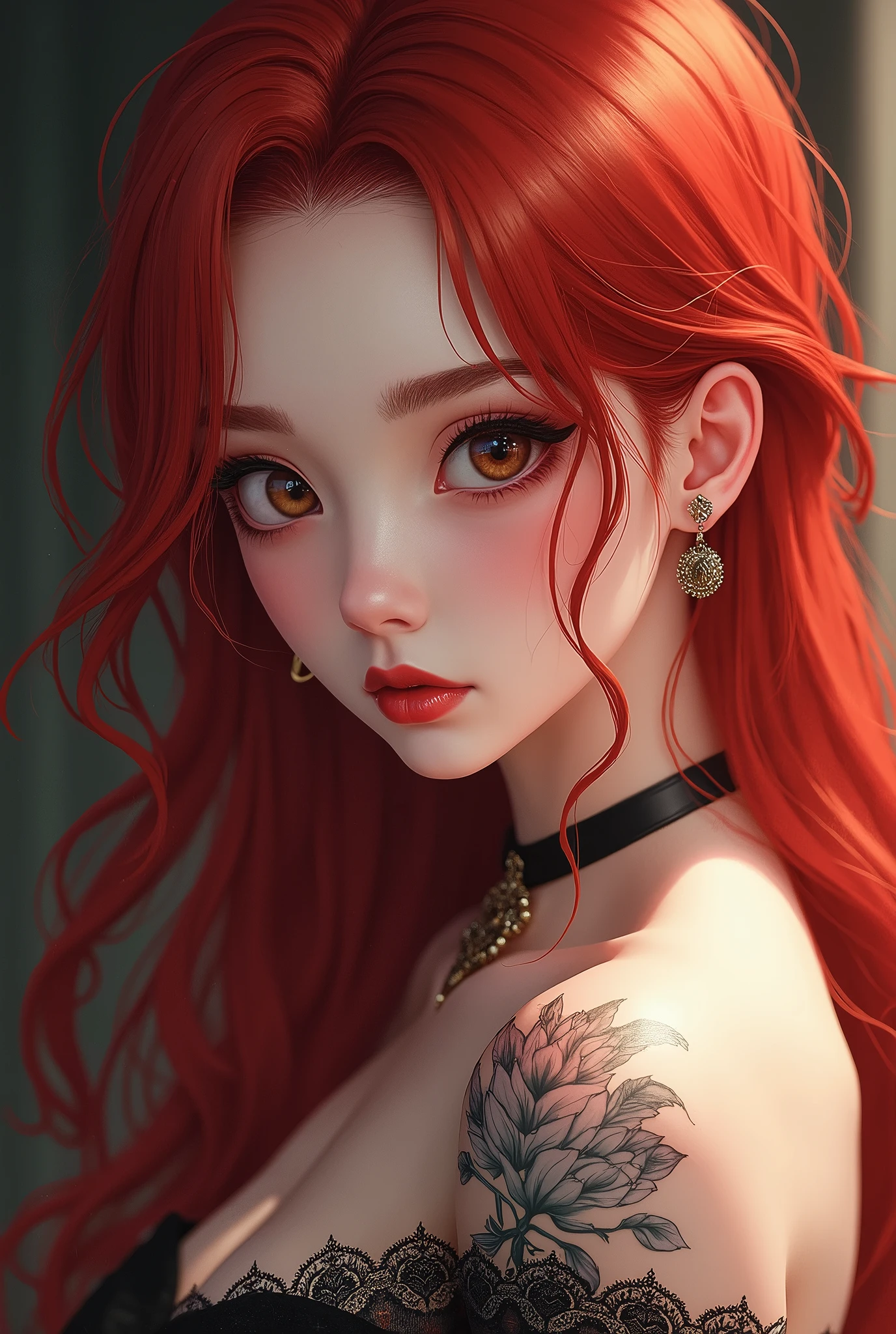 Lady,Red hair,dress,beautiful,anime,tattoo, face portrait, close up, big beautiful detailed eyes, ulzzang, 