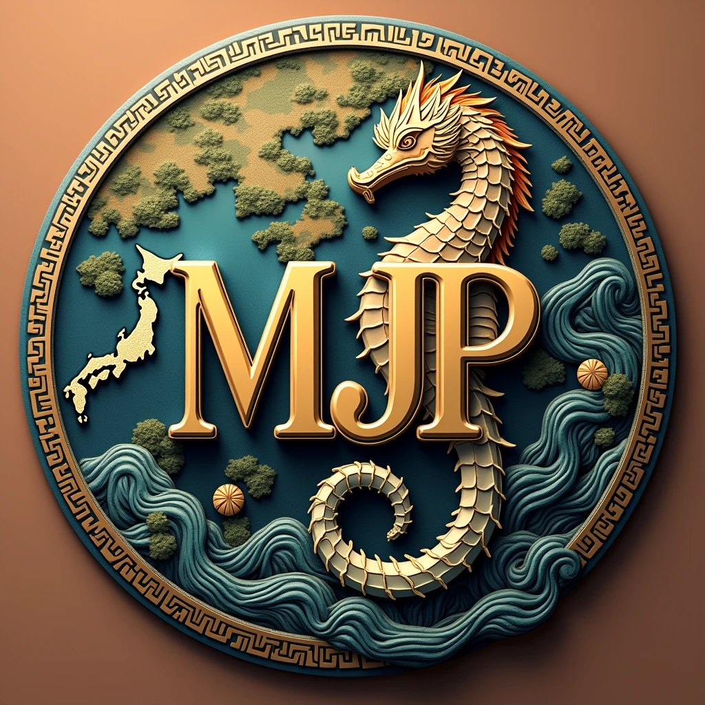 A logo design was created with the letters MJP in the center.. Seahorse design on the outer periphery. Japanese style、high quality, A luxurious image. In the center is a map of JAPAN、There are maps of MARASHIMA hidden all around..
Cropped background
