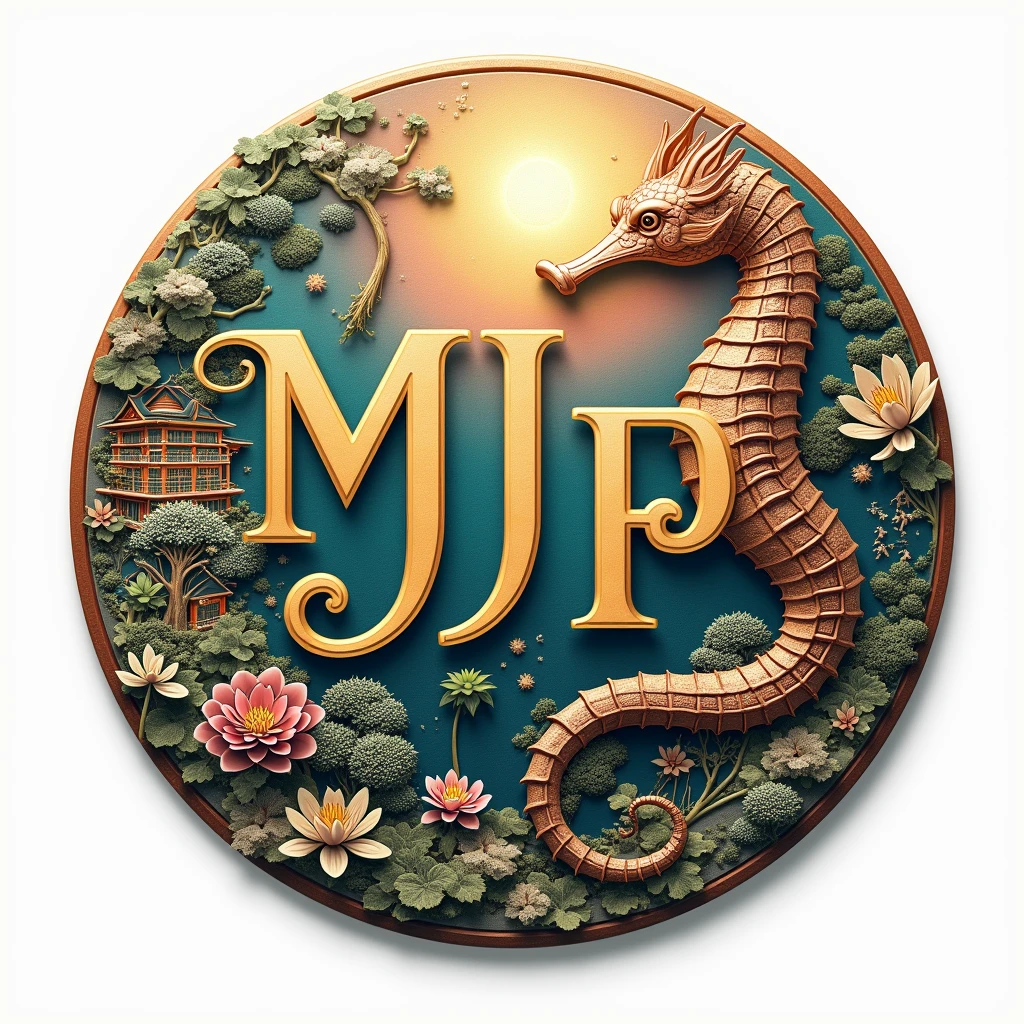 A logo design was created with the letters MJP in the center.. Seahorse design on the outer periphery. Japanese style、high quality, A luxurious image. In the center is a map of JAPAN、There are maps of MARASHIMA hidden all around..
Cropped background