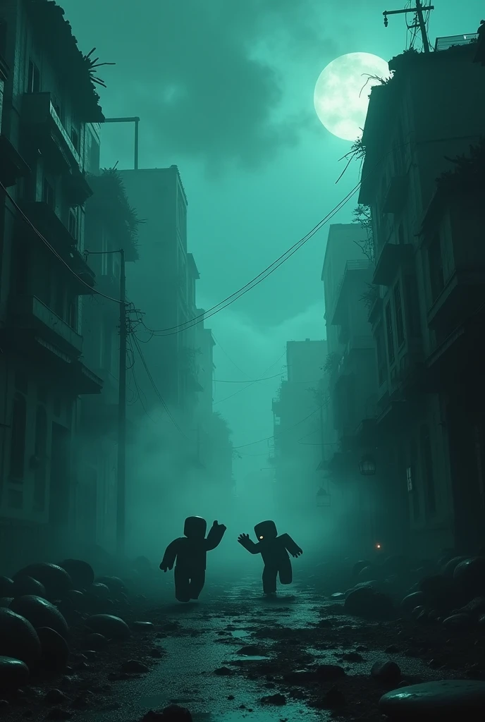 dark sky with dark colors reminiscent of the Roblox gaming platform, iuts night time with a hyper immersive and hyper detailed playing scene where the environment is in a constant state darknes and abandonment. The scene is highly detailed in 8K resolution, with the city's structures and characters rendered with care, embodying an abandon feel reminiscent of a city in ruins, with messy streets full of dirt and dirty dark broken and ruinned buildings where the action of playing unfolds with a dynamic and immersive dark blueish smoke, almost total darkness and a lot of dark and a lot of dark clouds, full of smoke, and people fighting for their lives and roblox almost realistic characters with the buildings absolutely destroyed and unrecognizable, a lot of smoek, so much that you cannot see anything and the smoke has to be like blue with green