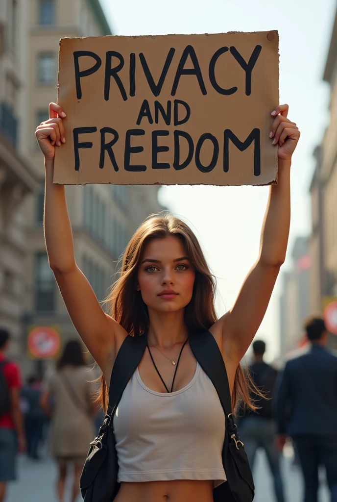 Girl  , with a sign saying privacy and freedom