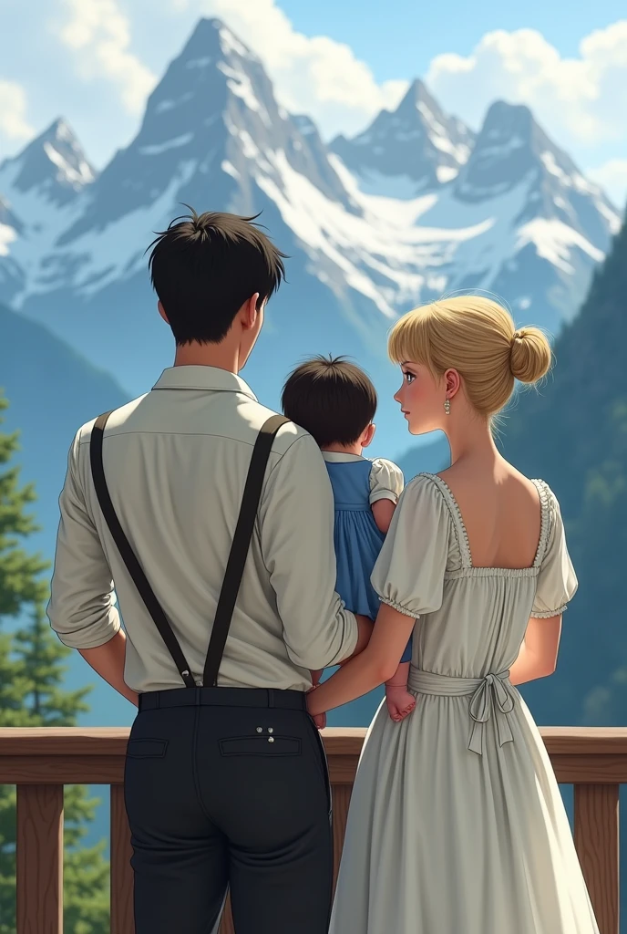A couple without hugging, The man is dressed in black, a little robust, he is with his back turned and the woman has short blonde hair wearing a white country dress with straps looking at the dark-haired baby in the arms of the man wearing a blue dress and a white brooch, on a balcony overlooking a landscape of snowy mountains