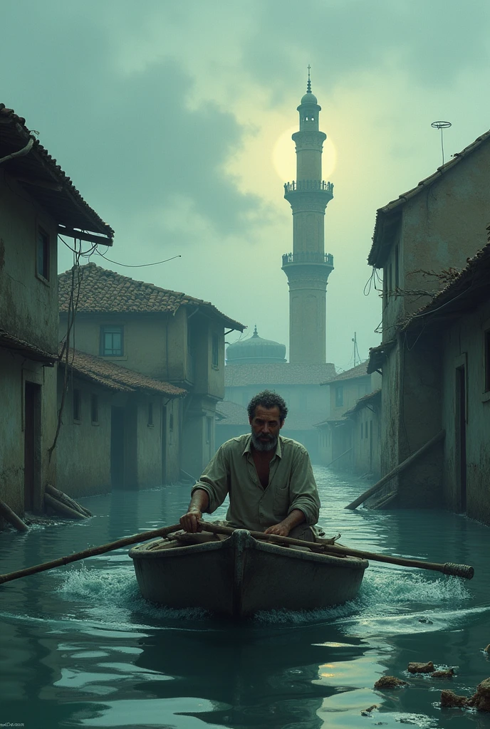 A man took a boat in the flood and went to the minaret of the village mosque