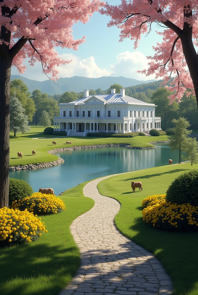 Huge White House that to get to it has a stone road with grass everywhere and trees with pink flowers and bushes with yellow flowers and the house with a huge lake The house is on a farm full of animals