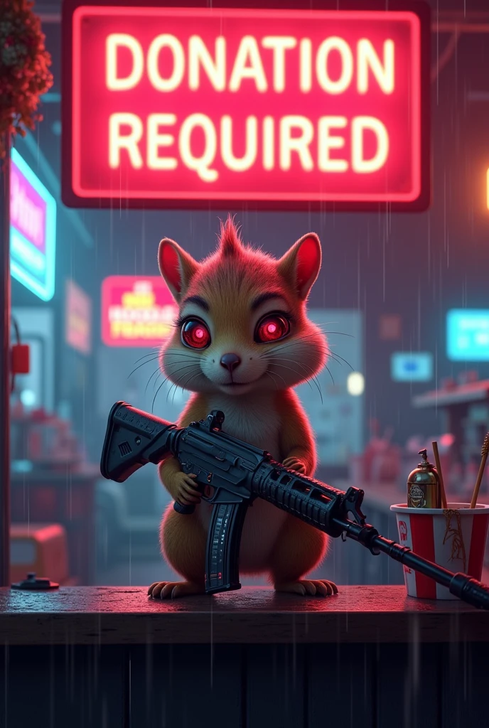 Movie poster, large neon sign in the center reads "Donation Required", masterpiece, 4k, 8k, high quality, high detail, concept art, cybernetic cute chipmunk, red eyes. neon glow, robot chipmunk, one hand holding an AK, one foot metal, looking at the viewer, standing on the bar of a noodle shop, taking care of yourself, cyberpunk scene, rain falling, neon lights,