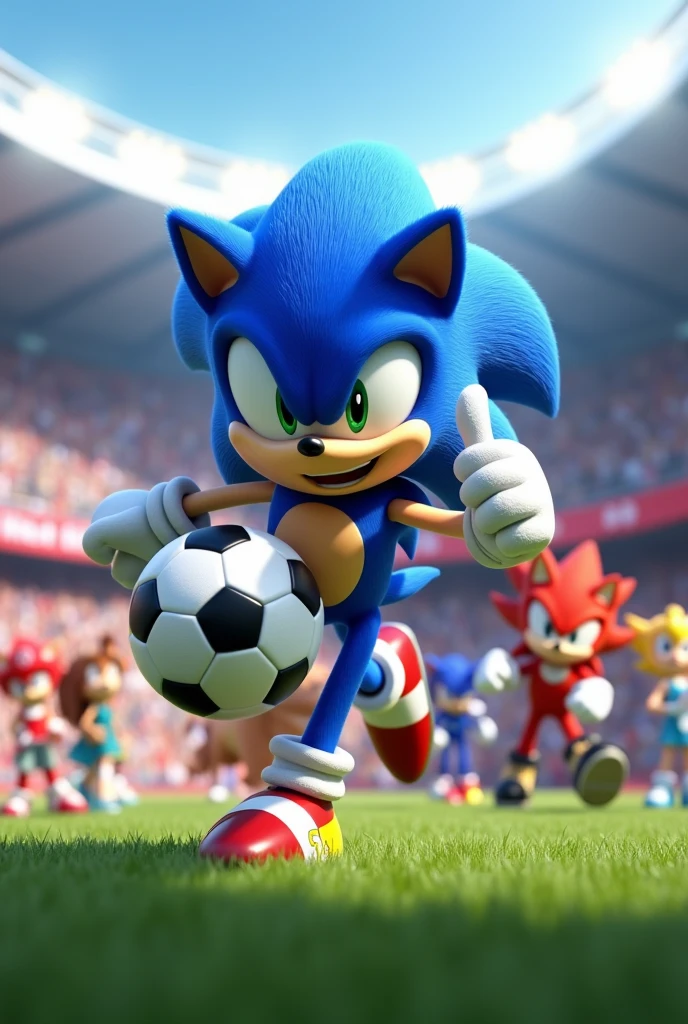 CREATE SONIC IN 3D HAPPY PISANDI A SOCCER BALL AND WITH THE THUMB UP OF THE RIGHT HAND WITH A BACKGROUND OF A SOCCER STADIUM AND ATHLETIC TRACK and 20 sonics with 8 women on the right side and 12 men on the left side SIZE OF 1 MT X 1 MT
