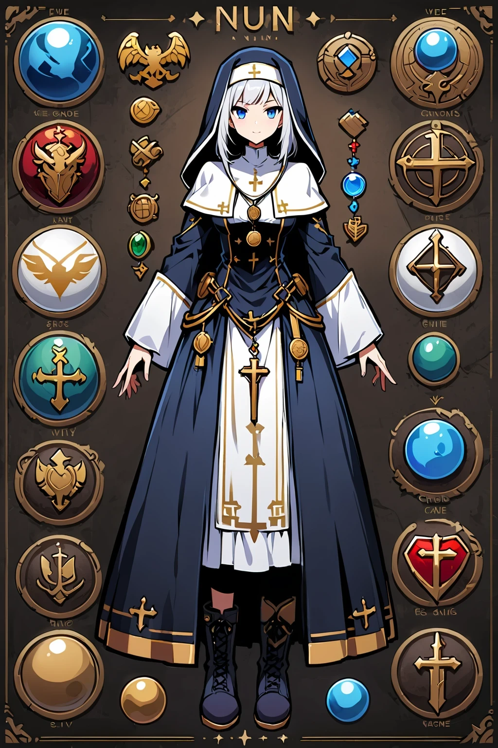 Framed Presentation of a clerge, woman character design sheet for a video game with detailed accessories, boots, multiple icons, and fantasy dancer dresses, Ball Gown, buttons to customize the character to your liking, sphere,(game icon),medal icon,rpg,(yellow icon),(sheild icon),(crystal icon),(yellow icon),