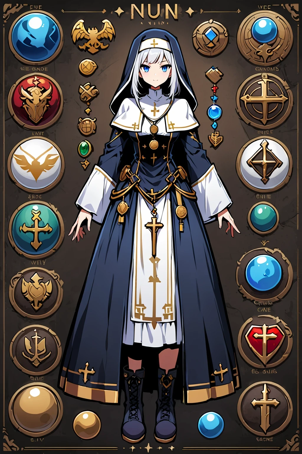 Framed Presentation of a clerge, woman character design sheet for a video game with detailed accessories, boots, multiple icons, and fantasy dancer dresses, Ball Gown, buttons to customize the character to your liking, sphere,(game icon),medal icon,rpg,(yellow icon),(sheild icon),(crystal icon),(yellow icon),