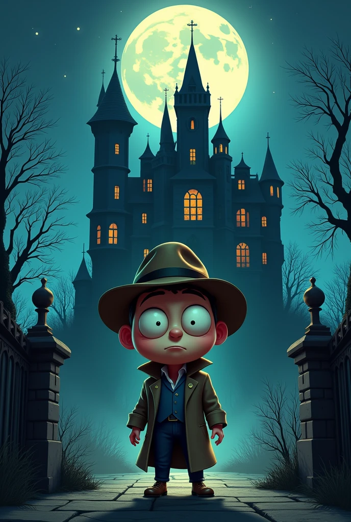 Cristiano stands outside a large spooky mansion at night, the moon shining in the background. His tiny body contrasts with the grand surroundings, making him look even funnier. (Detective with a tiny body and big head standing in front of a dark mansion under the moonlight, comical proportions).