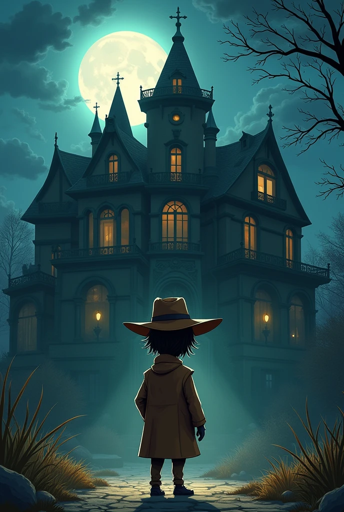 Cristiano stands outside a large spooky mansion at night, the moon shining in the background. His tiny body contrasts with the grand surroundings, making him look even funnier. (Detective with a tiny body and big head standing in front of a dark mansion under the moonlight, comical proportions).

