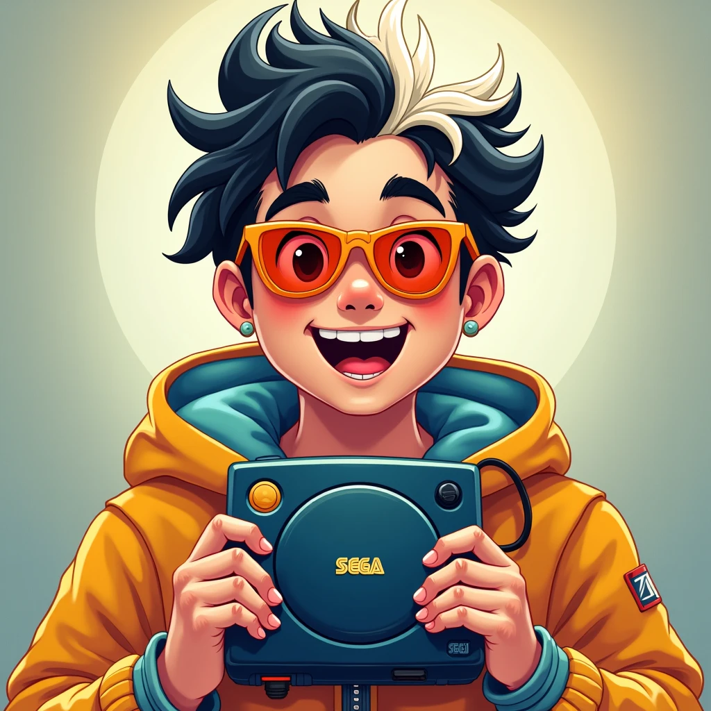 Make a grown boy with a white stripe in his hair, orange sunglasses, holding a sega dreamcast