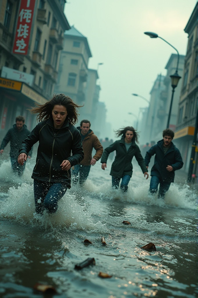 In the flood water, five or six people are running.