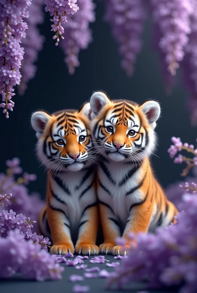 A captivating and surreal photographgraph of a cute extra fluffy two baby トラ rendering of 藤の花, Dark Background. feather, Bright colors, The background provides sharp contrast、Engage your audience'Note., photograph, 3D Rendering, Conceptual Art