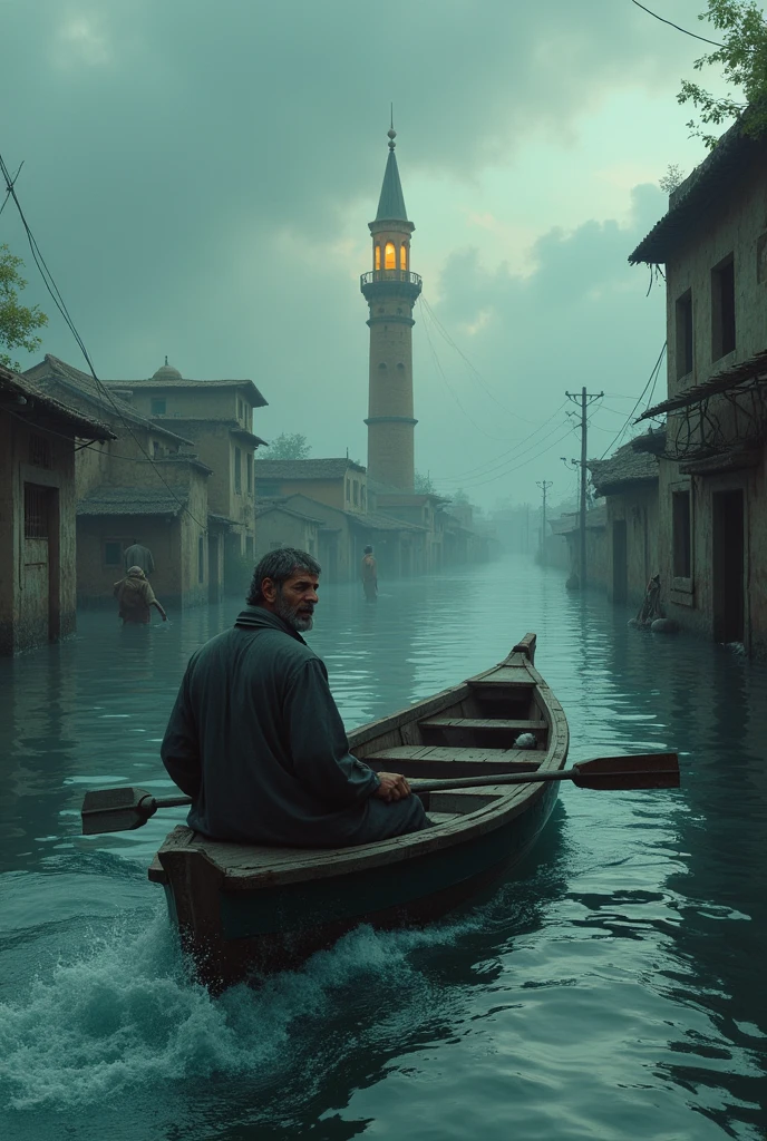 A man took a boat in the flood and went to the minaret of the village mosque