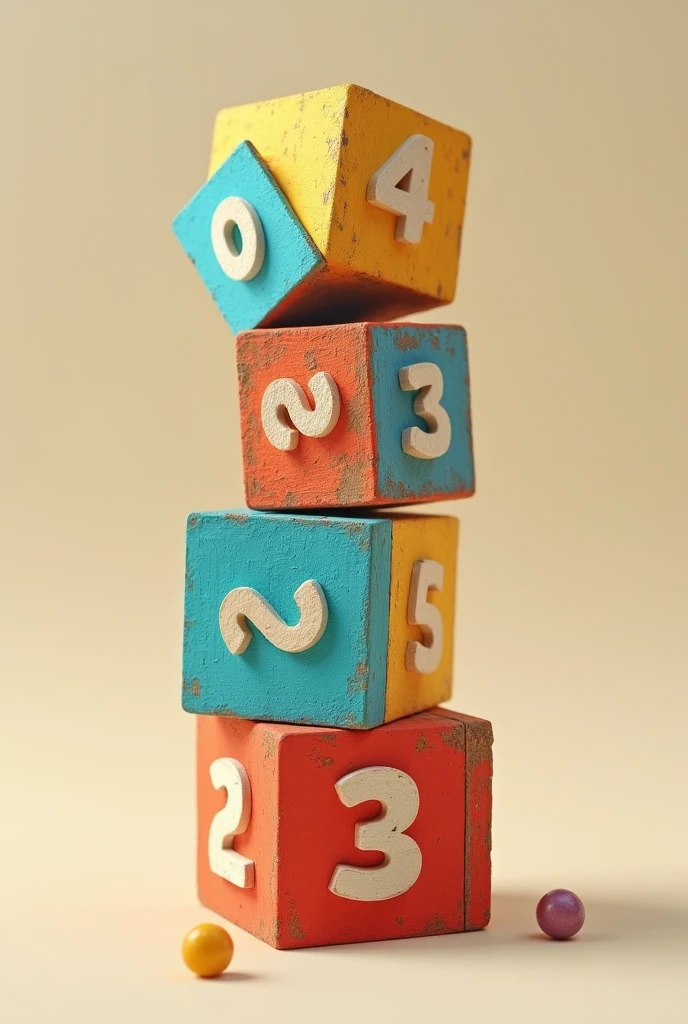 Create a messy stack of 4 colored wooden toy blocks on top of each other with each cube having the number 2, 0, 2 and 4 only once