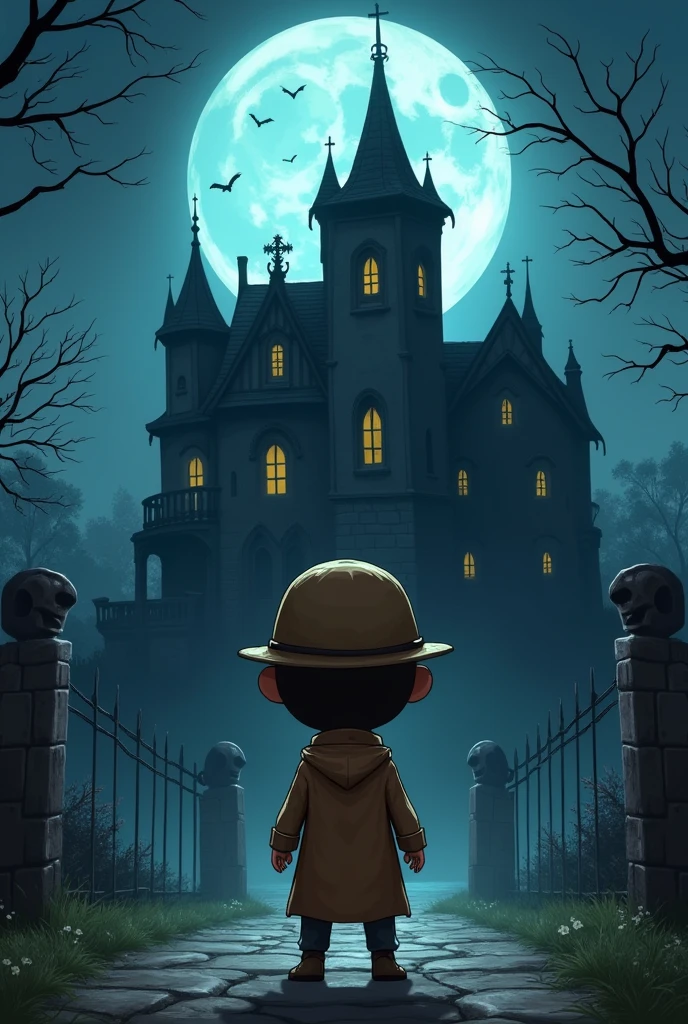 Cristiano stands outside a large spooky mansion at night, the moon shining in the background. His tiny body contrasts with the grand surroundings, making him look even funnier. (Detective with a tiny body and big head standing in front of a dark mansion under the moonlight, comical proportions).