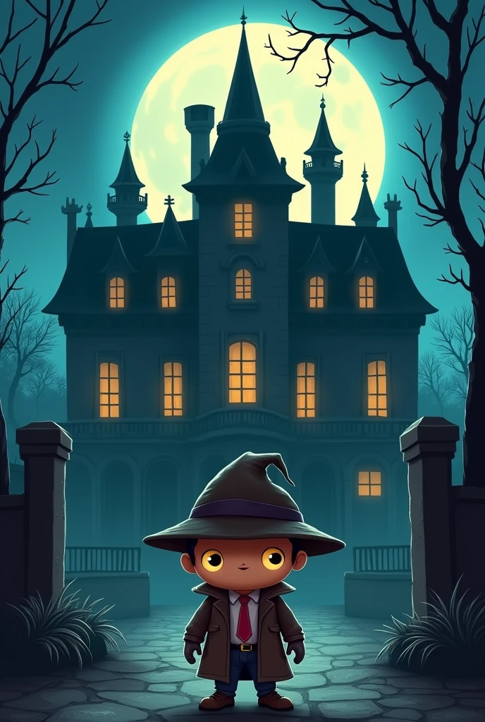 Cristiano stands outside a large spooky mansion at night, the moon shining in the background. His tiny body contrasts with the grand surroundings, making him look even funnier. (Detective with a tiny body and big head standing in front of a dark mansion under the moonlight, comical proportions).