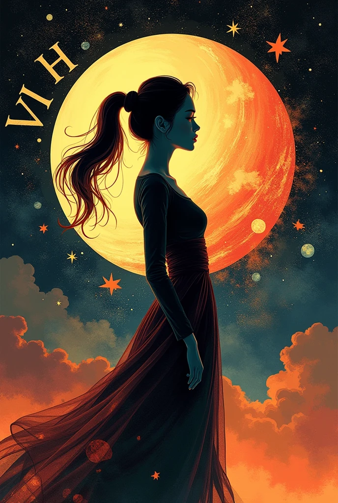 centralized writing HA VI with a capital letter and PHAM with a lowercase letter, written with planet being the name highlighted
with planet elements, the shadow of a woman making a headline, a radiant star, a simple contemporary art background,hong khong 90s