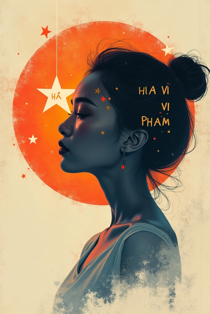 centralized writing HA VI with a capital letter and PHAM with a lowercase letter, written with planet being the name highlighted 

with planet elements, the shadow of a woman making a headline, a radiant star, a simple contemporary art background,hong khong 90s
