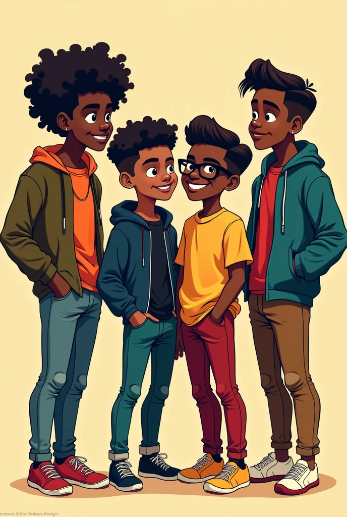 Je veux une photo de 4 garçons ados black 🥰
L'un grand de taille
Un autre costaud mais légèrement plus petit en taille
Un gars court et costaud
Et le dernier porte des lunettes 👓 et à les cheveux coiffés très bas contrairement aux autres et leur beaux cheveux 
Ils sont tous très beaux avec de jolis yeux 
Et l'image doit être sous forme de dessin animé 