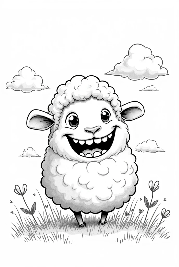 a sheep, huge tender smile, big teeth, over grass, clouds in the sky, outlined sketch, black and white only