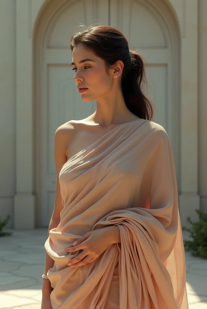 (photorealism:1.2), beautiful woman, wearing navel slightly exposed saree, shoulderless, standing, simple lighting, outdoor, realistic, Simple colors