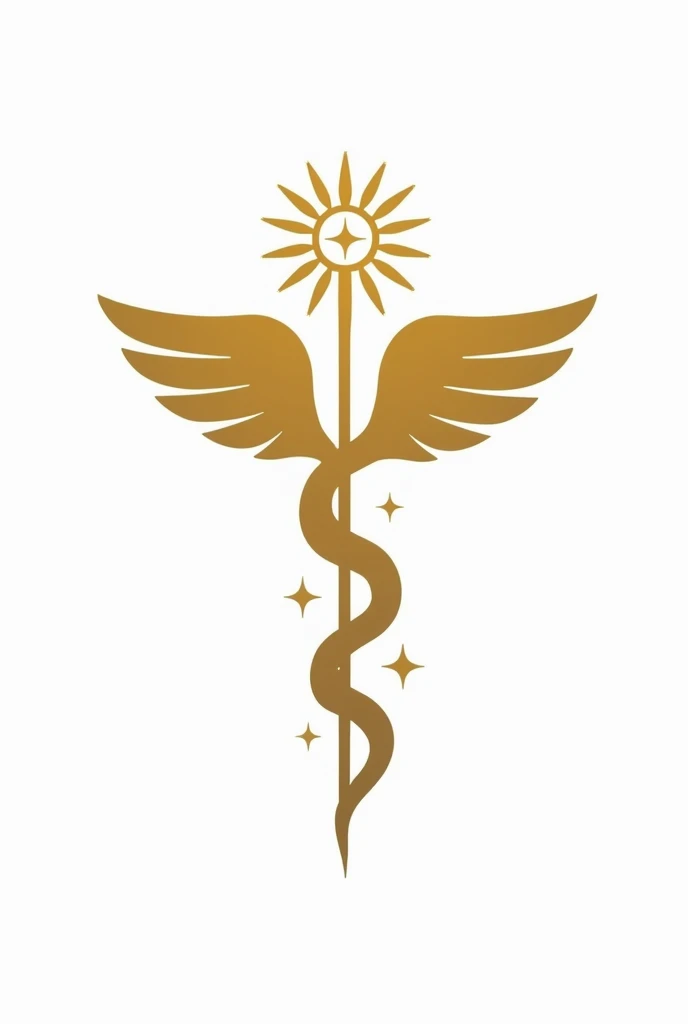 A logo with abstract shapes, for a medical clinic, mixing the symbol of Hermes' caduceus with sunflower, and the stars along the caduceus in the vertical of the southern cross constellation. vector style, solid colors. The logo must be in 4X4 format. Ratio 4:4. white background. Background transparent.