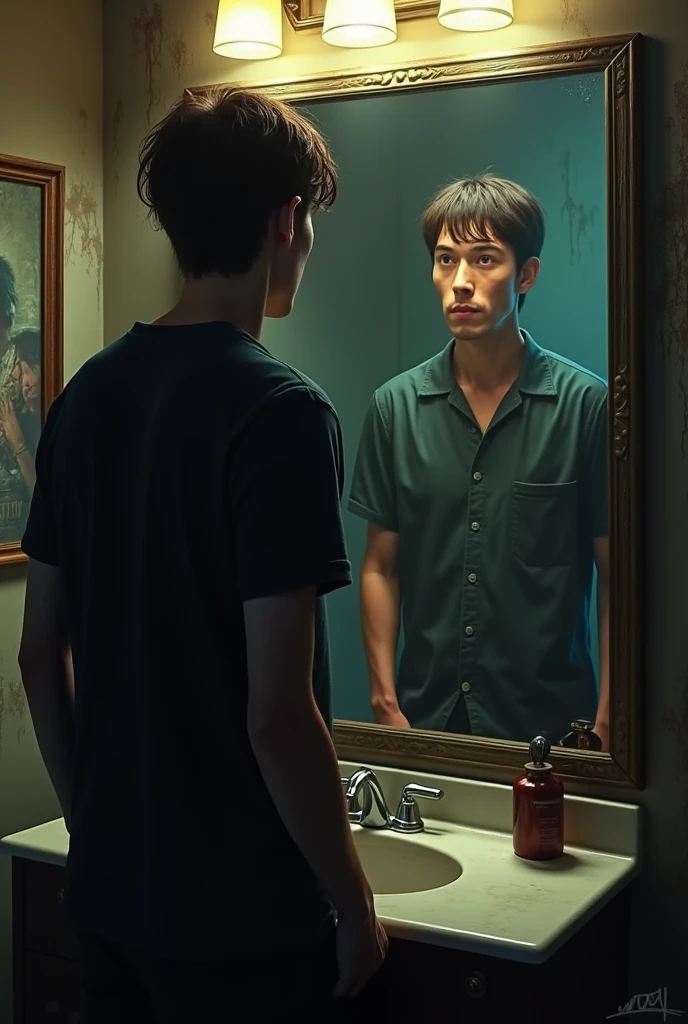 A 180cm tall guy with short brown hair looking at himself in the mirror of a somewhat dark bathroom with a rock theme playing imaginary guitar listening to Pink Floyd