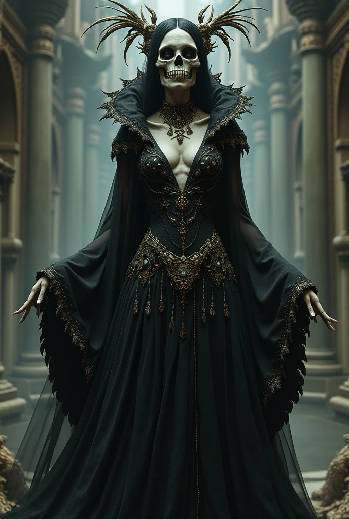 "skull woman, finely dressed and wearing fine jewelry dressed in a long dress