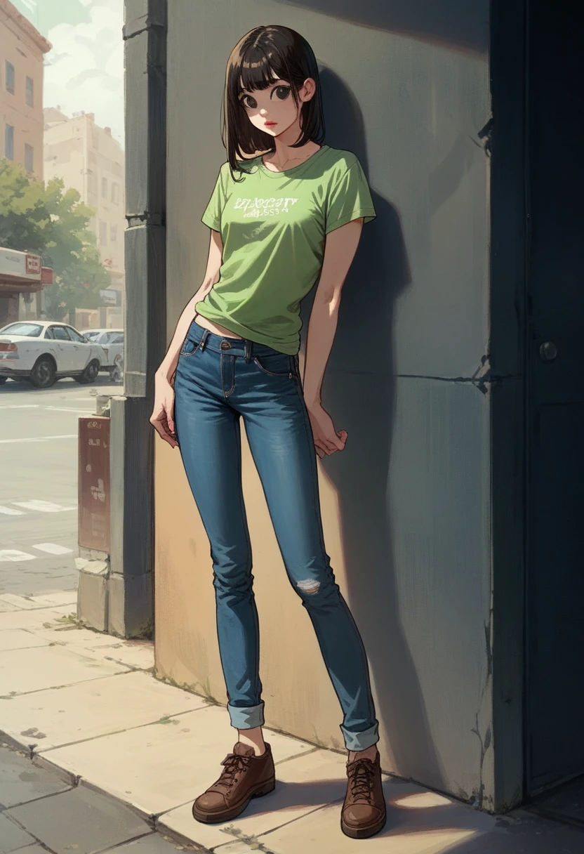 girl with black straight hair,cut to shoulder length ,black eyes, pretty face, pink lips,slim, green t-shirt,medium chest,slim,denim jeans and brown shoes,standing,full body image.