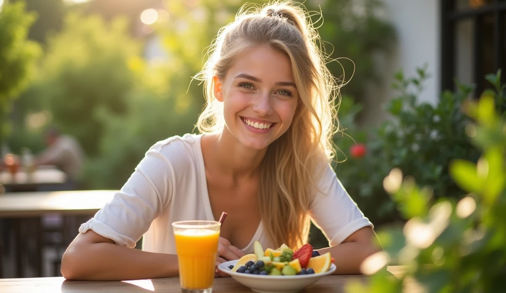 A young woman with light blonde, wavy hair, styled in a simple ponytail, sitting at an outdoor café table. In front of her is a colorful, healthy meal—a bowl of fresh fruit and a smoothie. She is smiling brightly at the camera, holding the smoothie in one hand, looking both relaxed and radiant. The outdoor setting is bright and airy, with plants around and soft sunlight enhancing the fresh, healthy vibe of the scene.