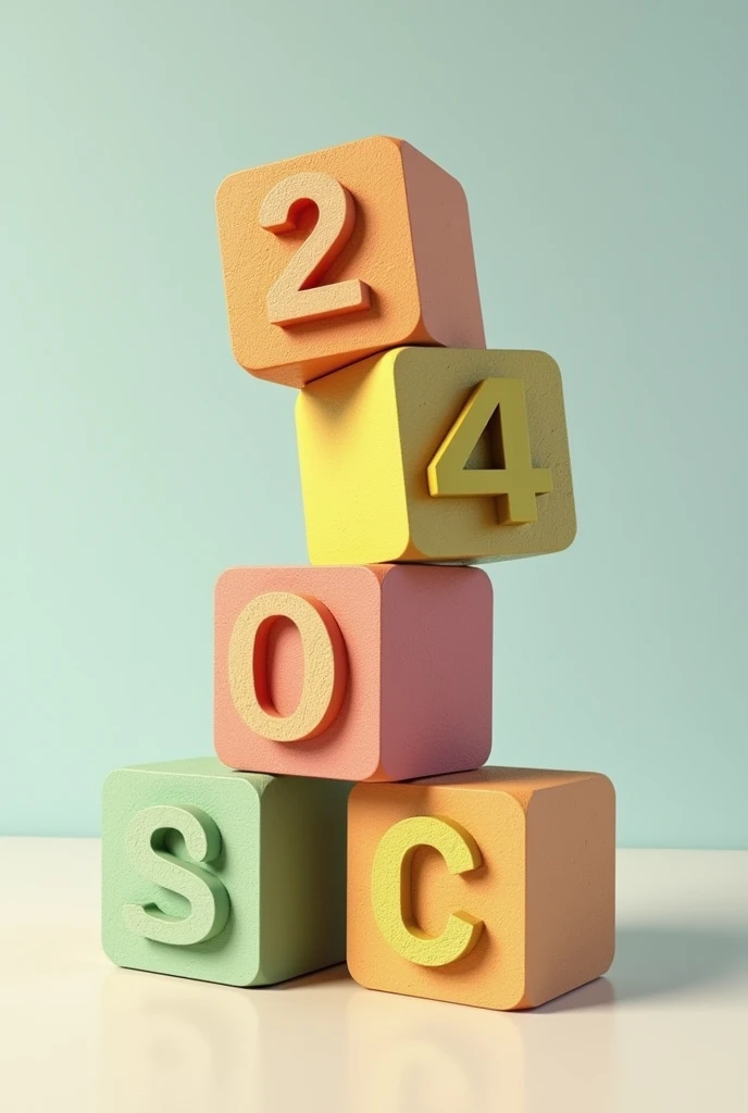 Create a messy stack of 4 colored wooden toy blocks on top of each other with each cube having the number 2, 0, 2 and 4 only once 