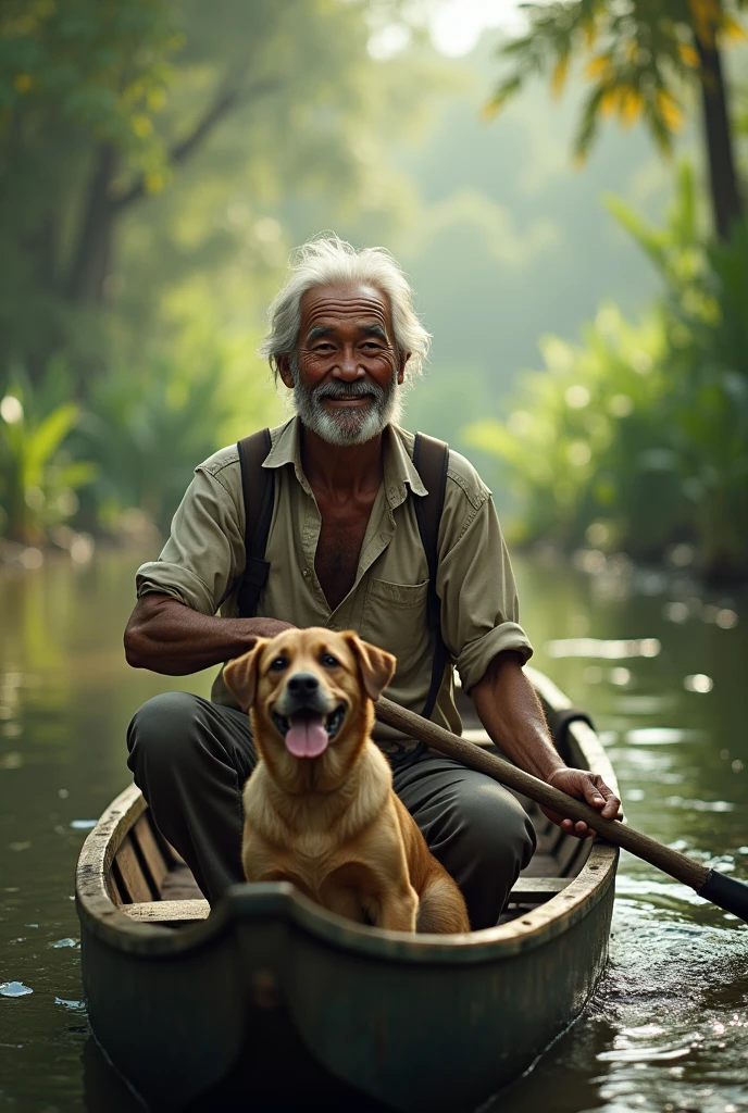 Photorealism 1.2 old Malay male smile wearing tear shirt trousers sling bag paddling dugout canoe with dog inside background swamp forest morning mode smoke effect sunlight silhouette