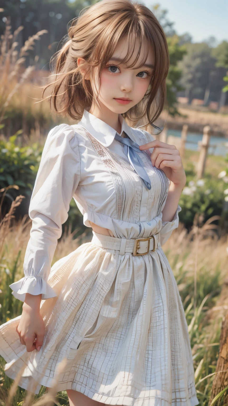 masterpiece , Highest quality , Very detailed , 1 person, ((Contrasting Eyes)) , running , blouse, skirt , bangs , field