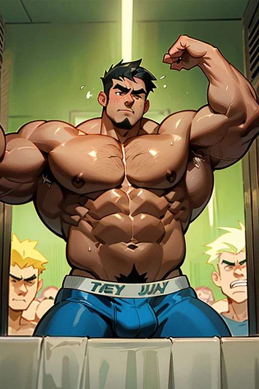 Danny Fenton from Danny Phantom animated series as a big dumb age muscular bodybuilder jock in a locker room flexing and staring blankly with mouth gaping open as his eyes glow green under hypnosis as he repeats, "Bigger... Dumber.... Must obey.... More like a jock bro every day.... Yes, Coach. I obey. Huhuhuhuh.... Sweaty brutes must obey.... Sweaty brutes do what you say.... Big ... sweaty ... musky jock bro.... Can't think.... Head ... foggy.... Huhuhuhuh...." in deep mindless emotionless voice with fellow hypnotized jocks to forget about catching ghosts and focus instead on training his body and obeying his coach. Mouth dropped open. Hyper swollen bulging crotch. Hyper muscles. Toned muscles. 5% body fat. Steam rising from armpits and shoulders. Big biceps. Big triceps. Broad shoulders. Big traps. Big lats. Big meaty pecs. Massive deltoids. Six-pack abs. Spherical glutes. Brainwashing. Hypnosis. Hypnotized. Bro. IQ drain. Dumber and dumber. Meathead. Musclehead. Mindless. Hypno. Mind control. Brain drain. Entranced. Brute. Brutification. Brain drain. brainwashed. brainwash. Meathead jock bro assimilation. Mindless. Brainless. Empty stare. Hairy pecs. Hairy armpits. Treasure trail.