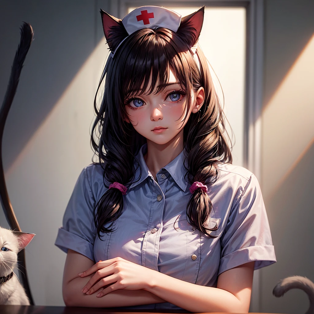 Long hair, low-tied Long hair, Nurse hat, eyeball, big eyes, Cat ears, cosmetic, 超realism, 超realism, modern Art, realism, image Fill, contour, Chiaroscuro, First-person view, F/1.8, Ultra HD, masterpiece, 16K, 8K