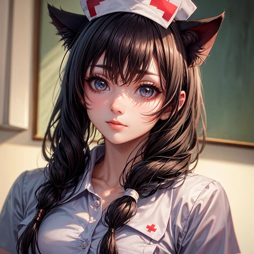 Long hair, low-tied Long hair, Nurse hat, eyeball, big eyes, Cat ears, cosmetic, 超realism, 超realism, modern Art, realism, image Fill, contour, Chiaroscuro, First-person view, F/1.8, Ultra HD, masterpiece, 16K, 8K