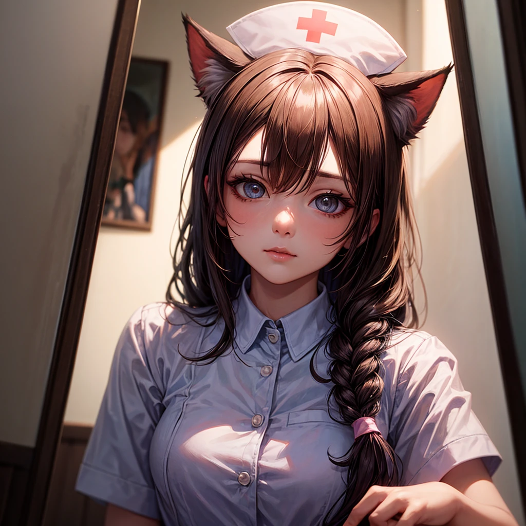 Long hair, low-tied Long hair, Nurse hat, eyeball, big eyes, Cat ears, cosmetic, 超realism, 超realism, modern Art, realism, image Fill, contour, Chiaroscuro, First-person view, F/1.8, Ultra HD, masterpiece, 16K, 8K